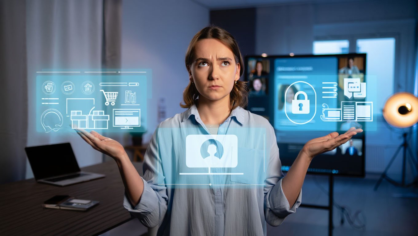 Mujer joven en estudio digital analizando diferentes modelos de negocio online con gráficos flotantes representando tienda, membresía y contenidos privados