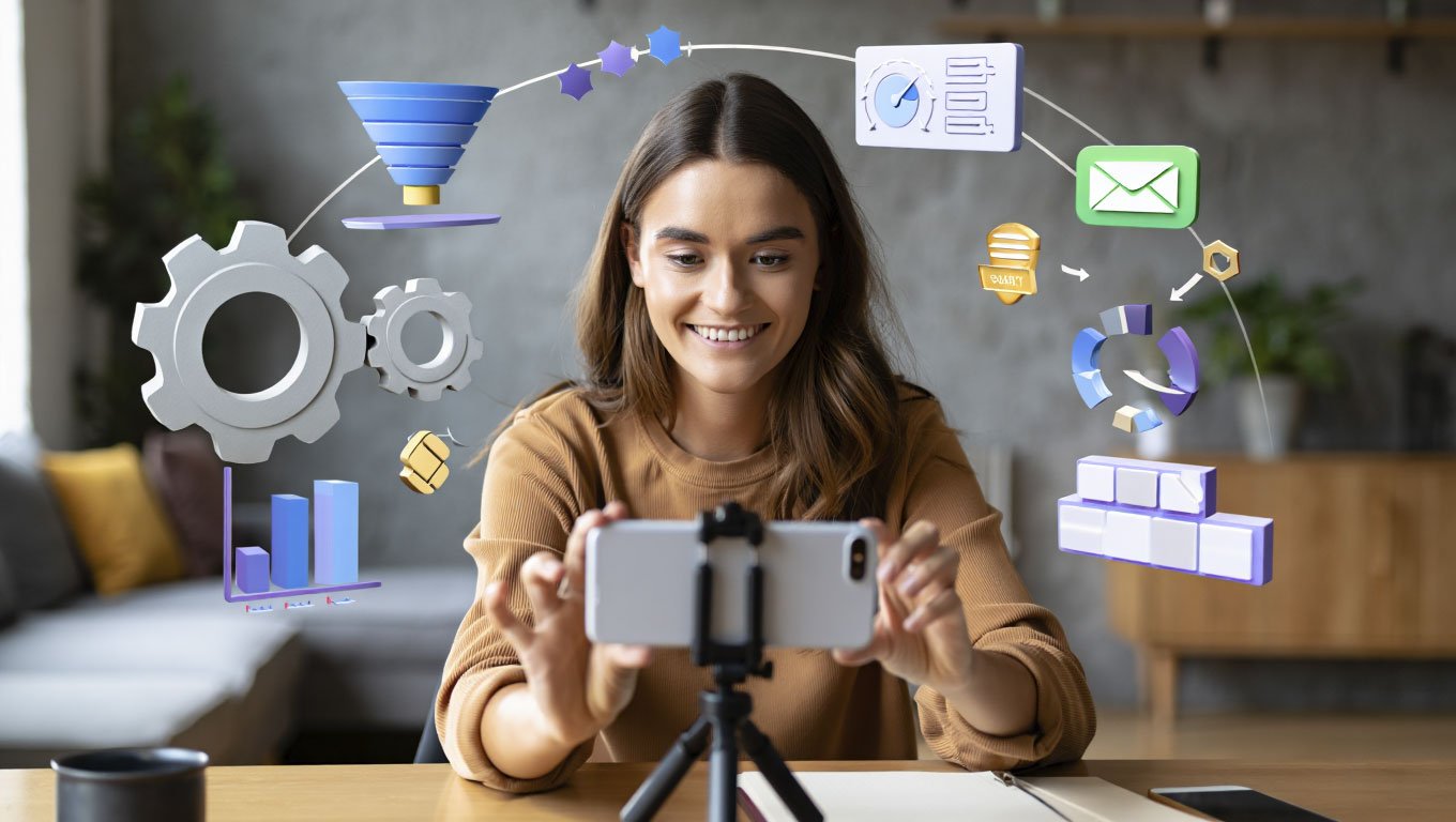 Mujer creadora de contenido grabando con el móvil, rodeada de ilustraciones que representan engranajes, embudos de conversión, email marketing y análisis de negocio digital