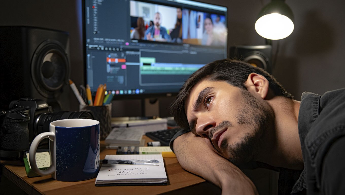 Joven creador de contenido con la cabeza apoyada en su escritorio frente al ordenador con un programa de edición abierto, rodeado de herramientas y tazas de café