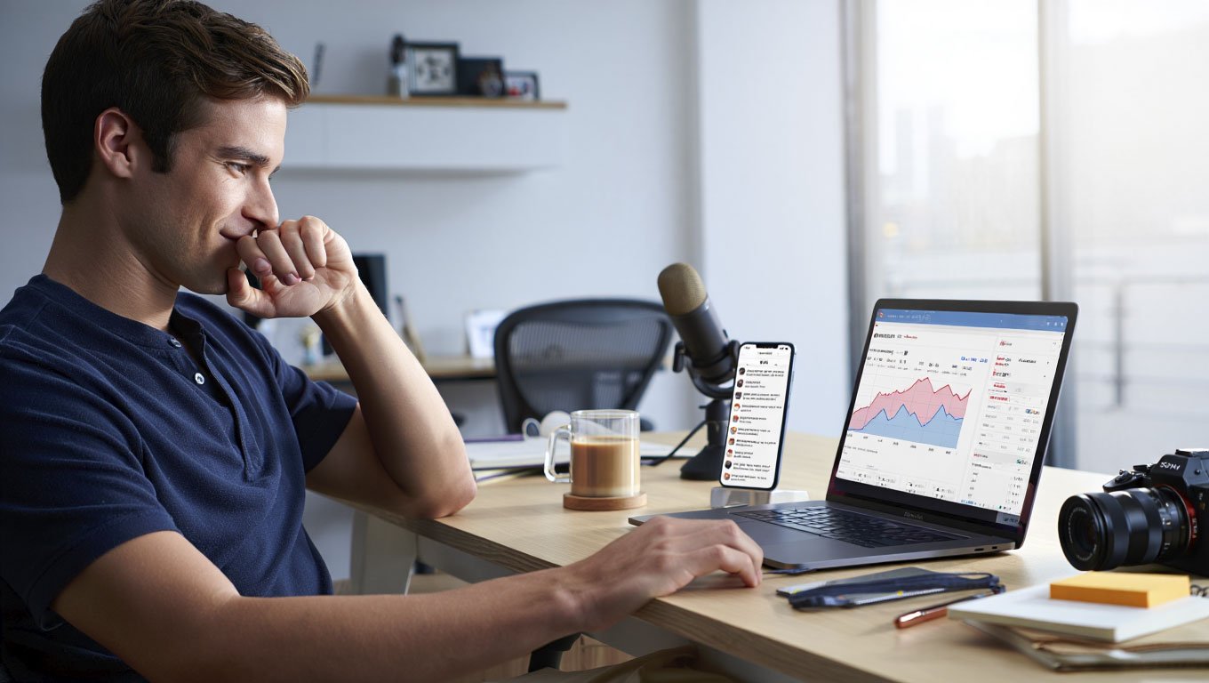 Joven creador digital pensativo frente al portátil con gráficas de redes sociales, micrófono, cámara y móvil en su escritorio