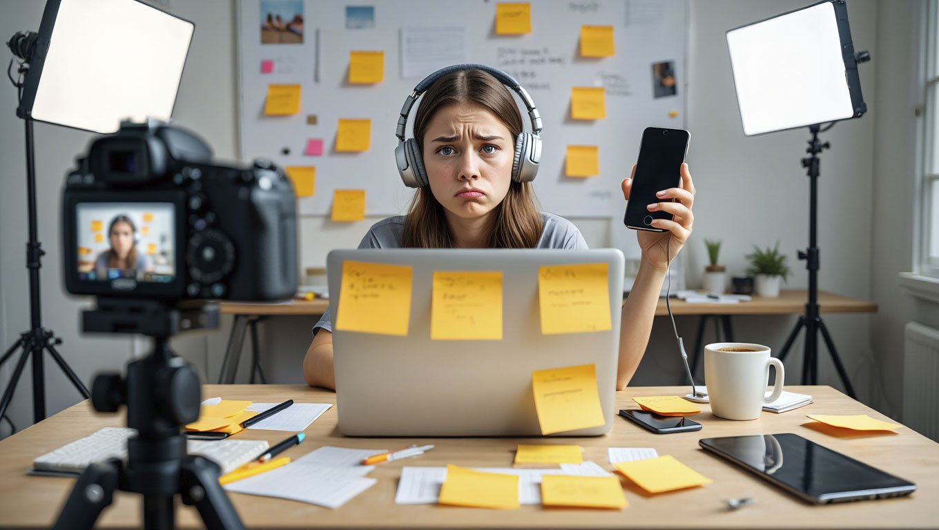 Joven creadora de contenido con auriculares, móvil en la mano y rodeada de post-its, grabando frente a la cámara con expresión de agobio y cansancio