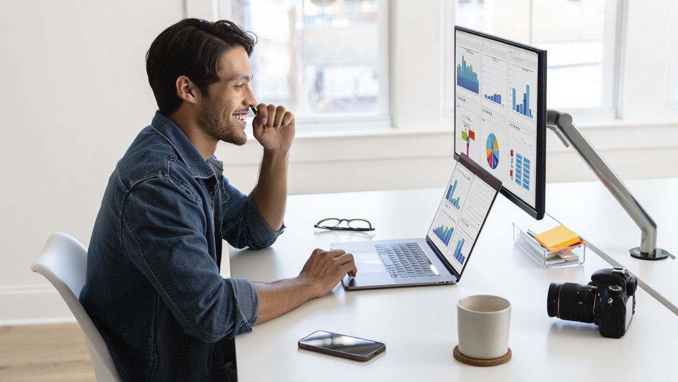 Hombre joven sonriente frente a su portátil y monitor con gráficas de rendimiento digital, en un entorno ordenado con cámara, móvil y café