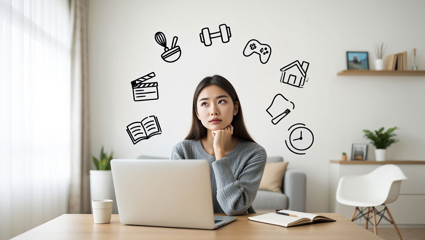 Joven creadora de contenido frente al portátil, rodeada de iconos que representan distintas temáticas como cocina, deporte, gaming, educación y entretenimiento