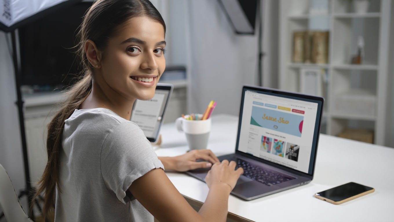 Joven emprendedora digital sonriendo mientras trabaja en el lanzamiento de su primer producto en su portátil, rodeada de herramientas de trabajo en un entorno profesional